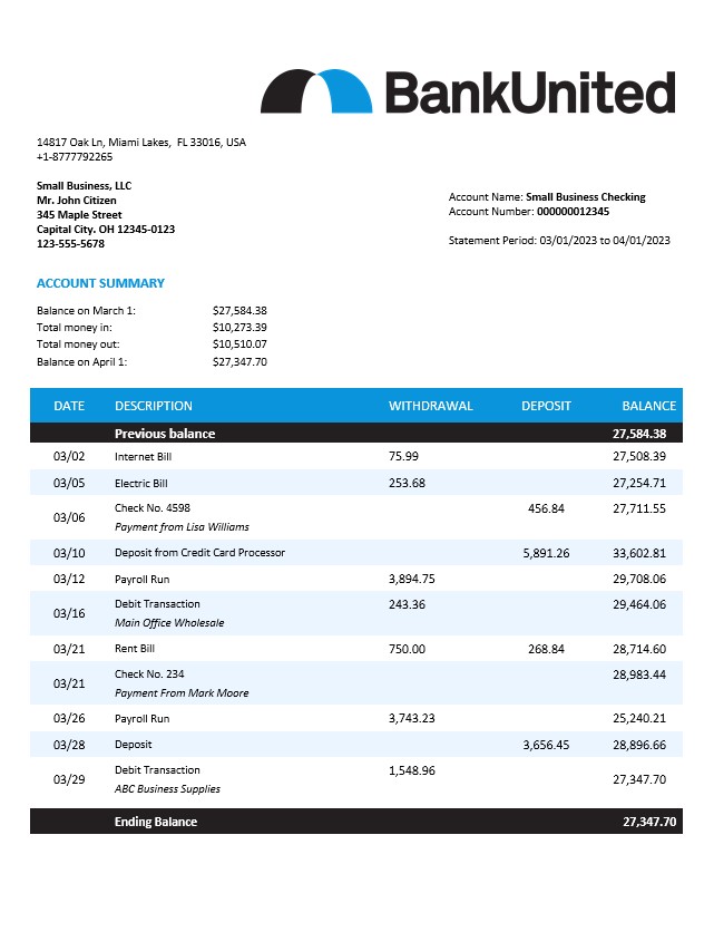 Modèle Word et PDF de relevé de compte d'entreprise BankUnited